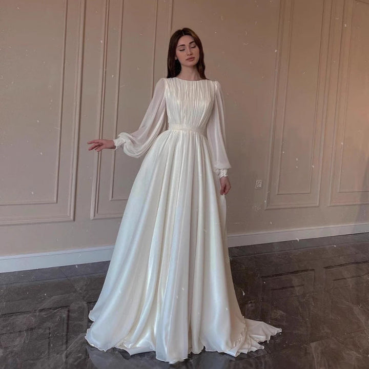 Drune | Durchsichtiges Weißes Hochzeitskleid Rundhalsausschnitt Lange Ärmel Kleid