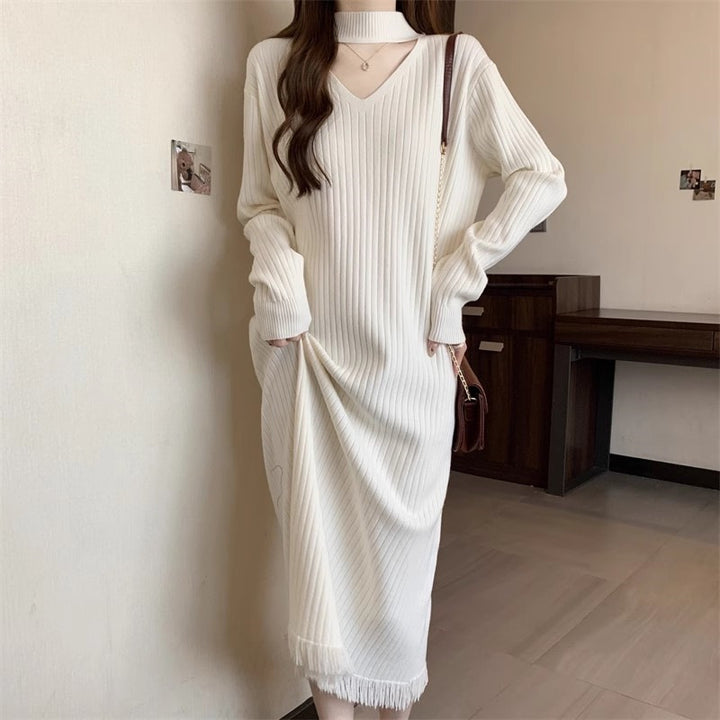 Damen Strickkleid mit V-Ausschnitt und Fransen Drune