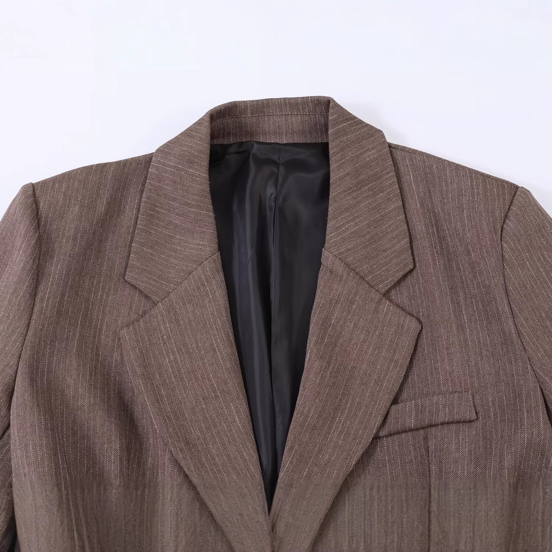 Damen Taillierter Einreihiger Blazer mit Gürtel und tonalem Nadelstreifen Drune