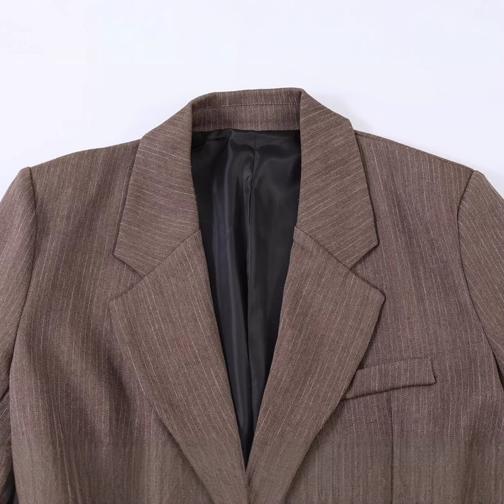 Damen Taillierter Einreihiger Blazer mit Gürtel und tonalem Nadelstreifen Drune