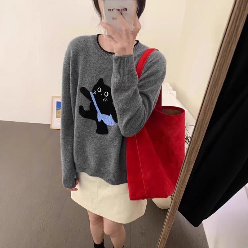 Damen kuscheliger Pullover mit Katzenmotiv Drune