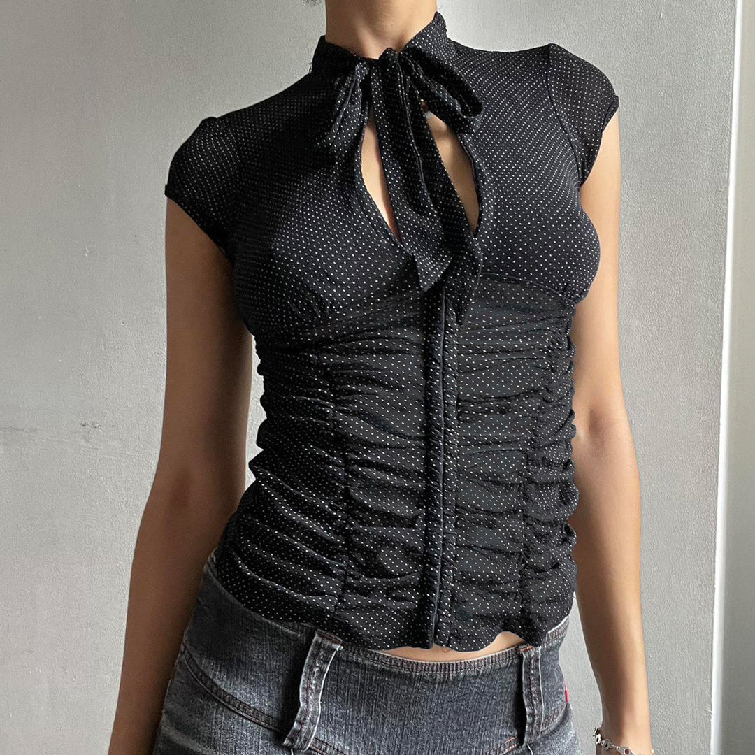 Damen elegantes Blusenshirt mit Schleifenkragen und Raffungen Drune