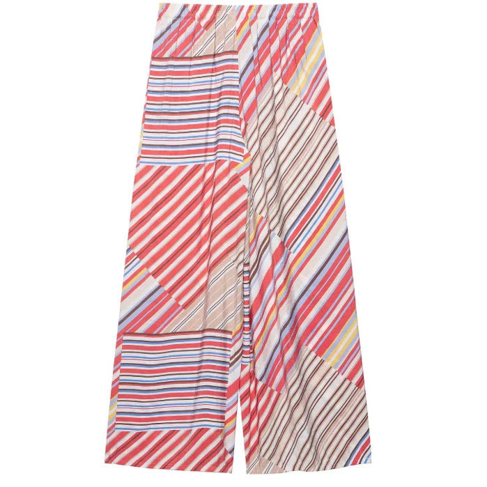 Damen Weite Palazzo‑Hose mit elastischem Bund, Tunnelzug und gestreiftem Patchwork‑Print Drune