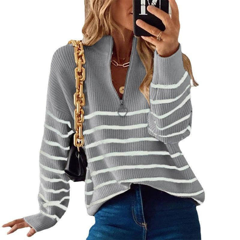 Damen Strickpullover mit modischem Reißverschluss und Streifenmuster Drune