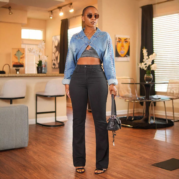 Damen cropped Jeansjacke mit Rüschendetails und taillierter Silhouette Drune