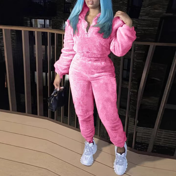 Damen nan kuscheliges Teddy-Fleece Zweiteiler mit Halbreißverschluss und High-Waist Jogginghose Drune
