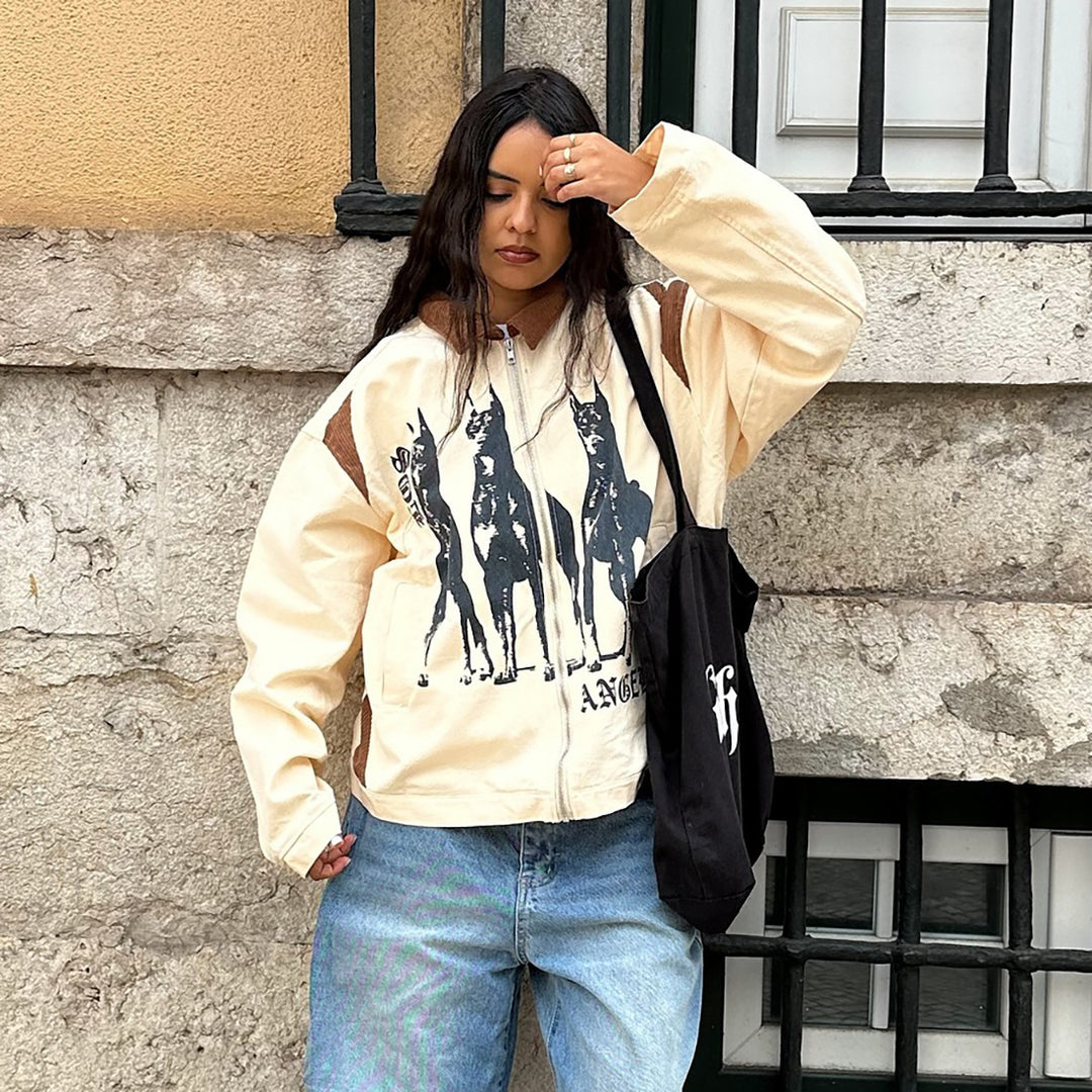 Damen Streetwear-Jacke mit einzigartigem Hunde-Print und lässigen Schnitten Drune