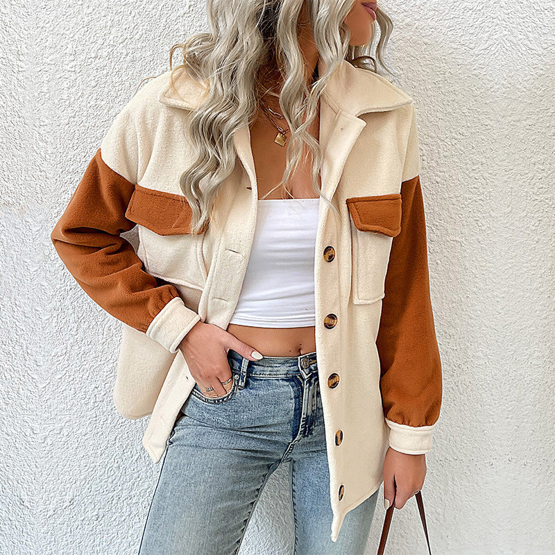 Damen weite Hemdjacke aus Teddyfleece mit Kontrastärmeln und aufgesetzten Taschen Drune