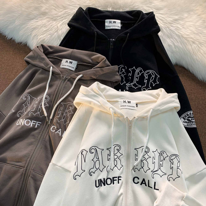 Unisex nan Reißverschluss-Hoodie mit Gothic-Schriftzug, Kapuze, Kängurutasche und Ärmelflock-Patch Drune