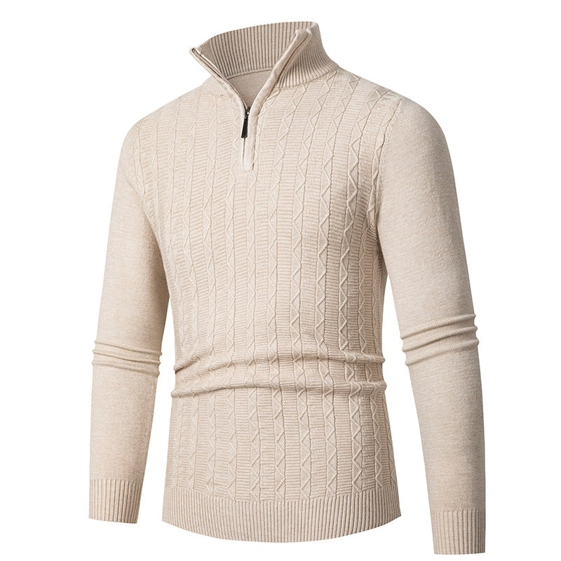 Herren Enganliegender Halbzip-Strukturpullover aus Merino‑Mix mit Zopfmuster und Stehkragen Drune