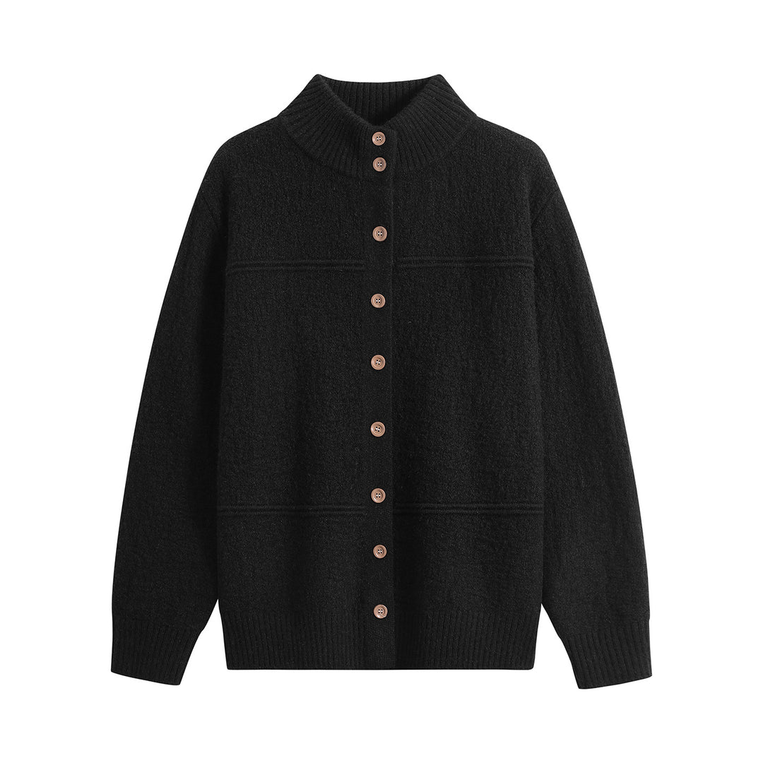 Damen Langer Oversize-Wollmix-Cardigan mit hohem Rippenkragen und Vintage-Knöpfen Drune