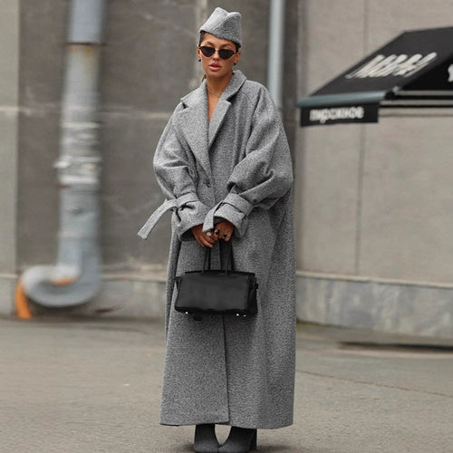 Damen Oversized Wollmantel mit gestreiftem Design und Gürtel Drune