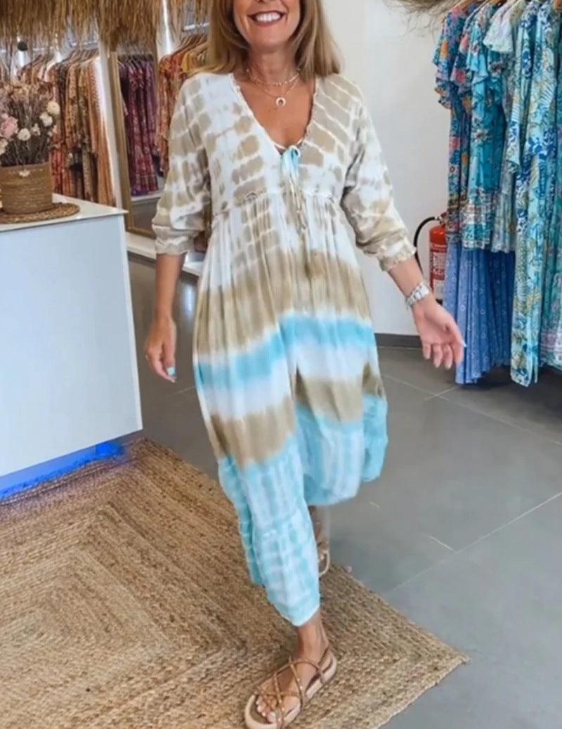 Damen nan luftiges Batik-Stufenkleid mit V-Ausschnitt, Empire-Taille und elastischen Ärmeln Drune