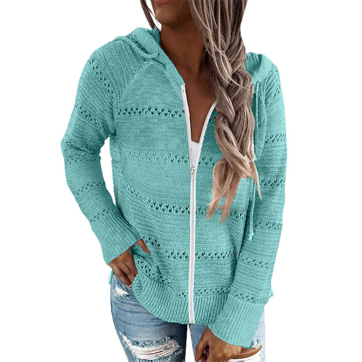 Damen lässige Strickjacke mit Kapuze und dekorativem Lochmuster Drune