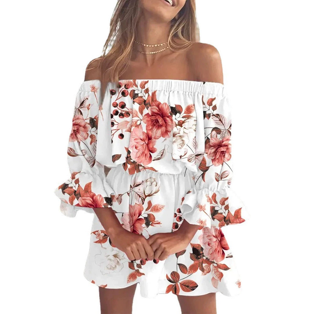 Damen Schulterfreies Minikleid mit elastischer Taillenpassform und Volantärmeln Drune