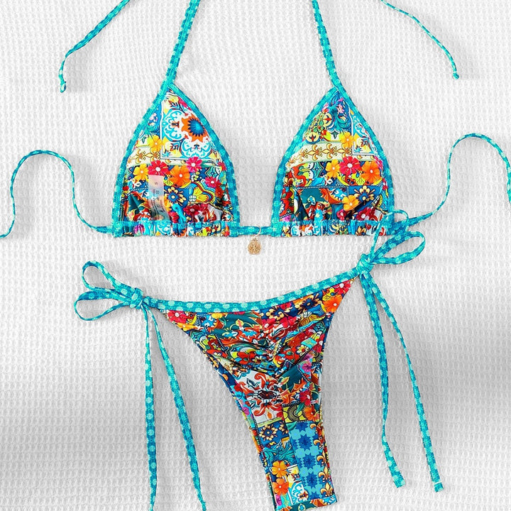 Damen Triangel-Bikini mit buntem floralen Muster und verstellbaren Bändern Drune