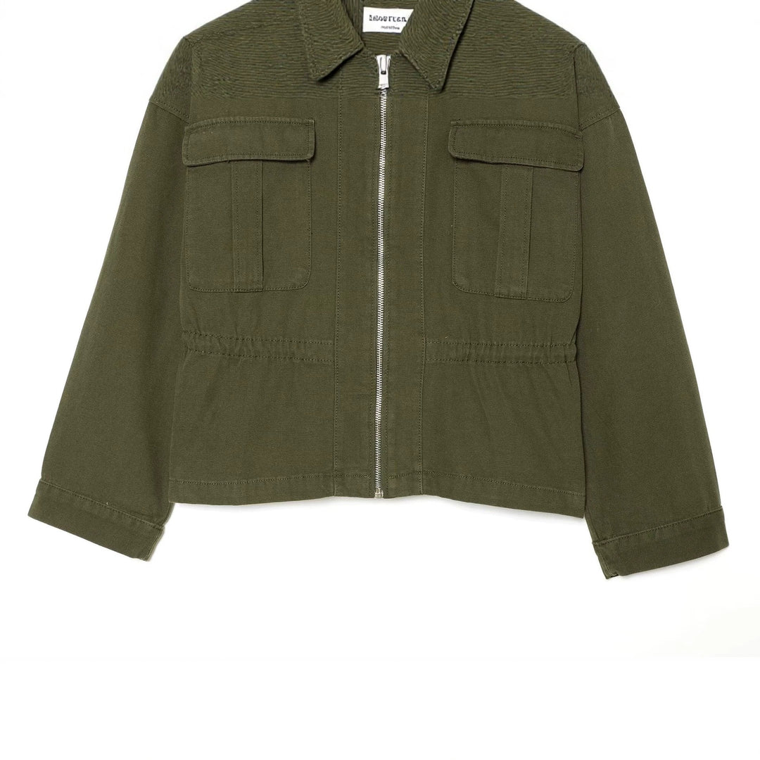 Damen Kurzgeschnittene Utility-Blousonjacke mit Stehkragen Pattentaschen und durchgehendem Reißverschluss Drune