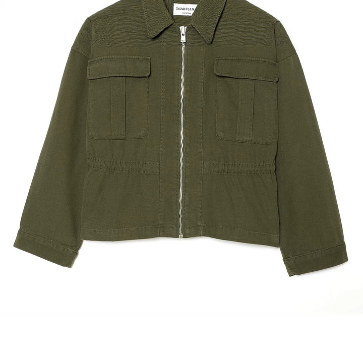 Damen Kurzgeschnittene Utility-Blousonjacke mit Stehkragen Pattentaschen und durchgehendem Reißverschluss Drune