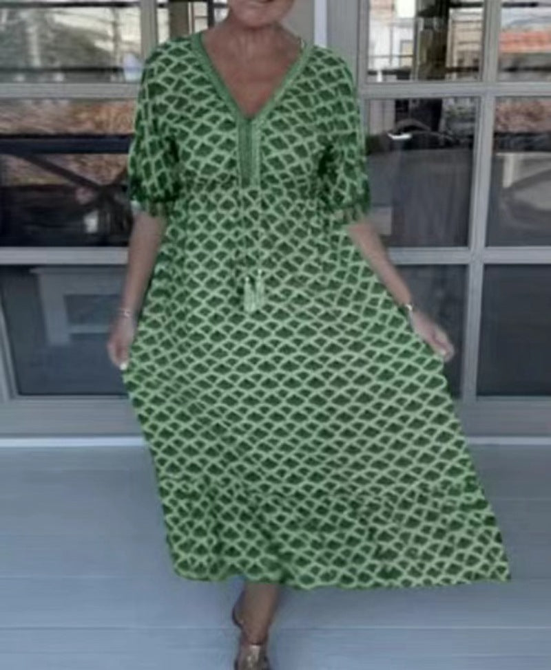 Damen nan lässiges V-Ausschnitt Strandkleid mit Quastenbindeband und Volantrock Drune