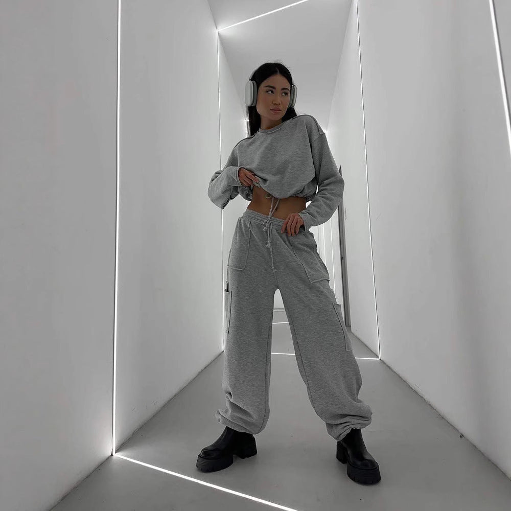 Damen Kurzes Tunnelzug-Sweatshirt mit geripptem Saum und lässiger High‑Waist‑Jogginghose Drune