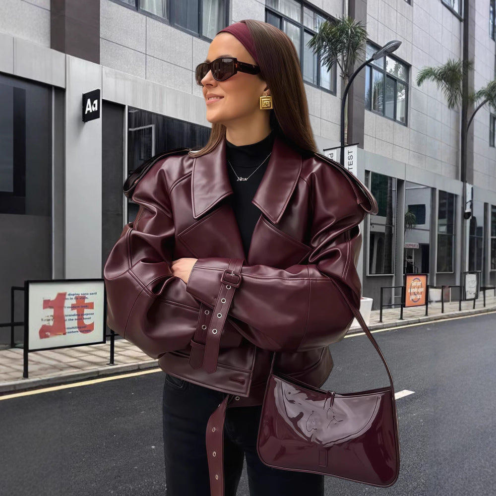 Damen oversized Kunstlederjacke im modernen Biker-Stil mit dekorativen Details Drune