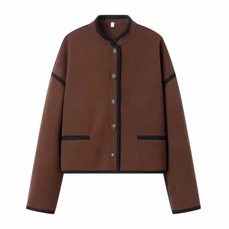 Damen nan kurz geschnittene Boxy-Jacke mit kleinem Stehkragen, kontrastpaspeln und Leistentaschen Drune