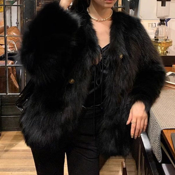 Damen modische Kunstpelzjacke mit eleganten Knopfdetails Drune