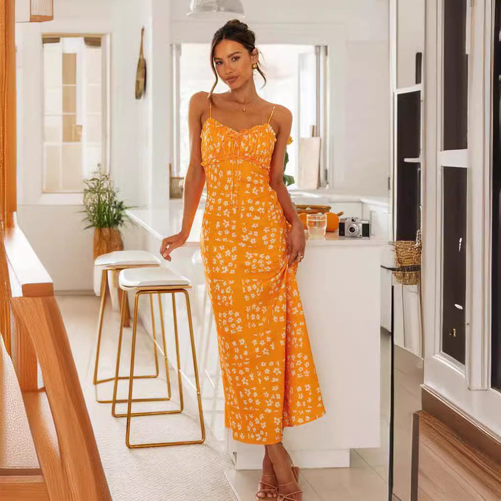 Damen Maxikleid mit verstellbaren Spaghettiträgern und floralem Design Drune