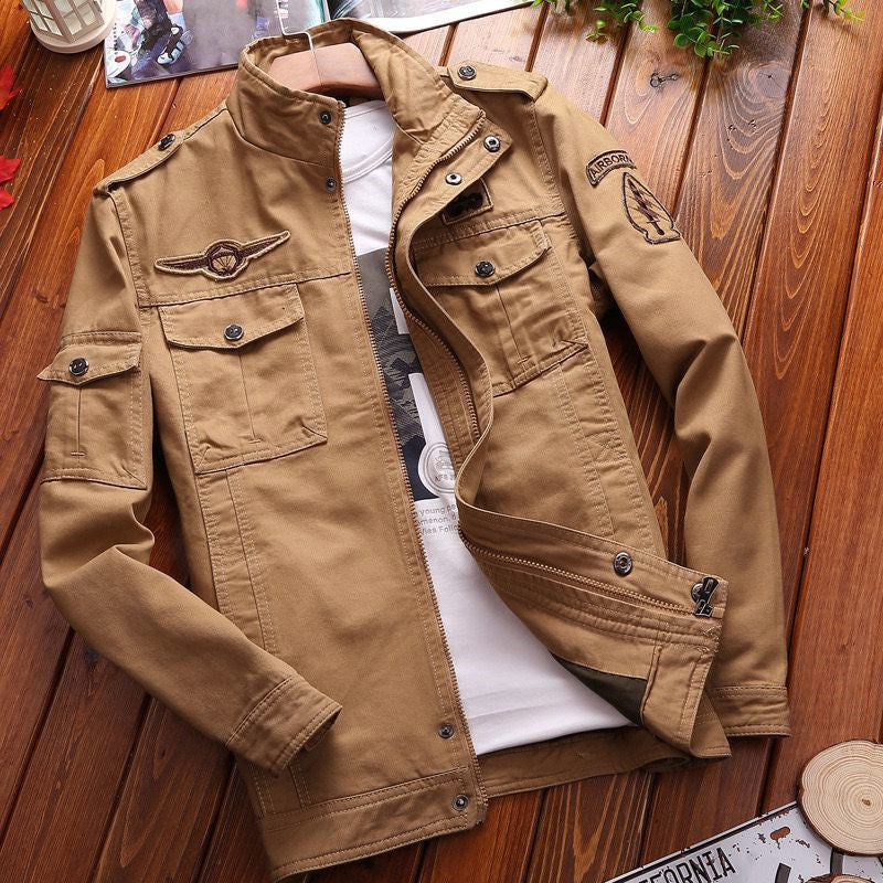 Herren Militärische Canvas-Fieldjacke mit Aufnähern und Stehkragen Drune