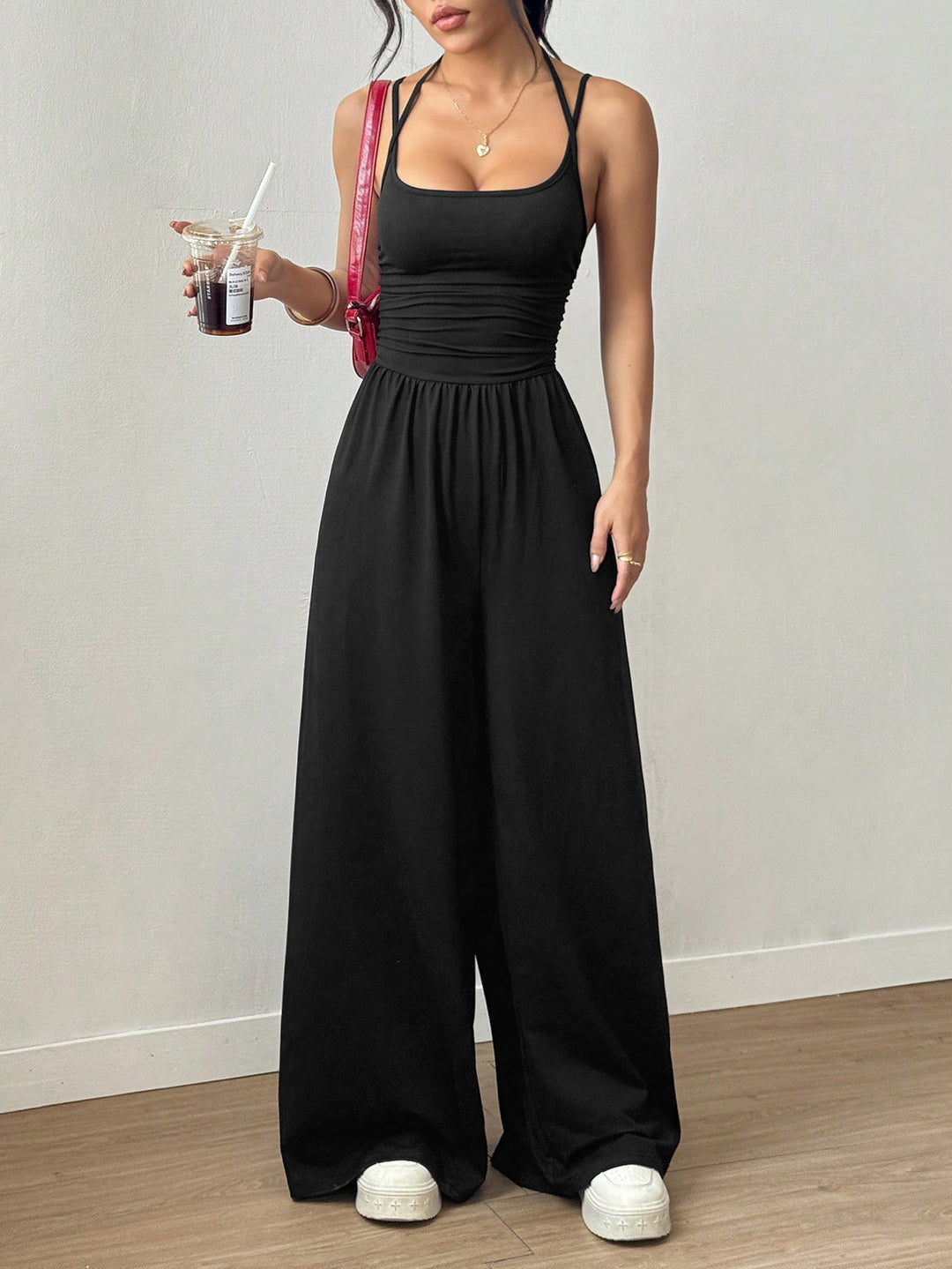 Damen luftiger Jumpsuit mit hohem Bund und verstellbaren Trägern Drune