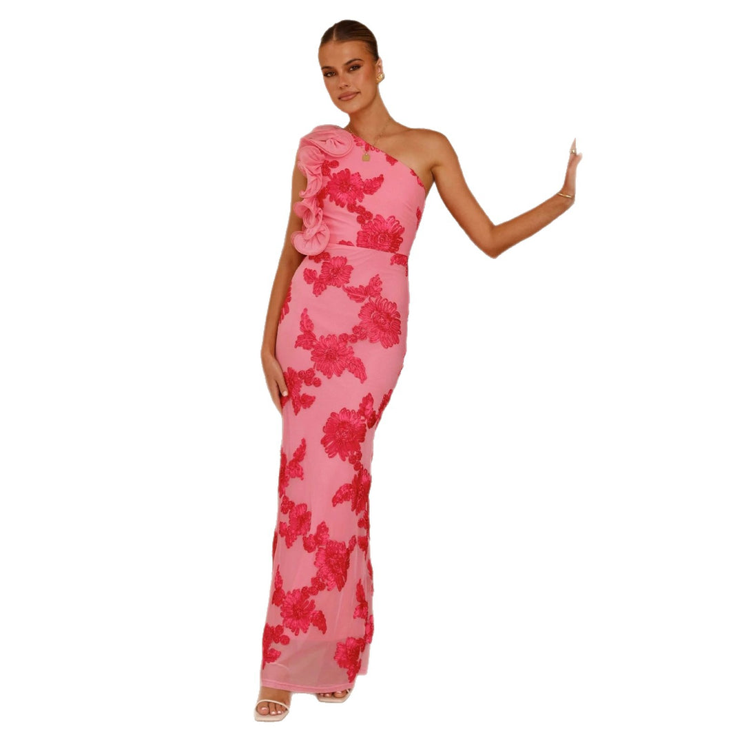 Damen Elegantes und figurbetontes Maxikleid mit asymmetrischem Träger und floralen Applikationen Drune