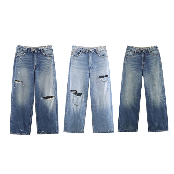 Damen nan weite Jeans mit hohem Bund abgetragenem Look geradem Bein und Fransenrissen Drune