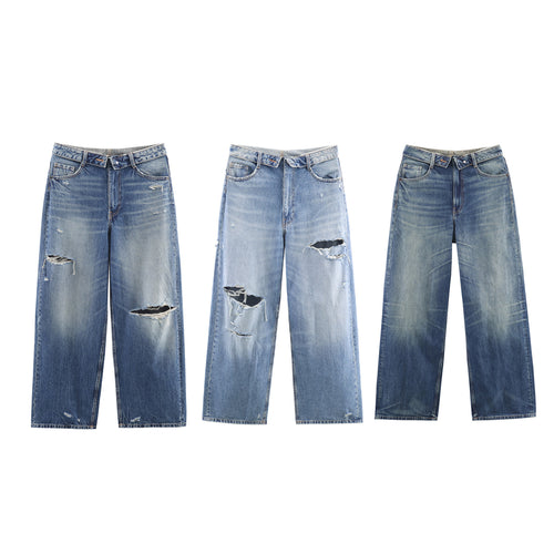 Damen nan weite Jeans mit hohem Bund abgetragenem Look geradem Bein und Fransenrissen Drune