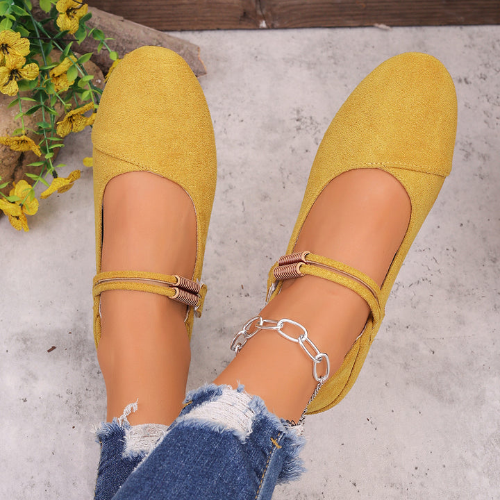 Damen nan flache Mary-Jane Ballerinas aus Veloursimitat mit elastischem Zierband und gepolsterter Komfortinnensohle Drune