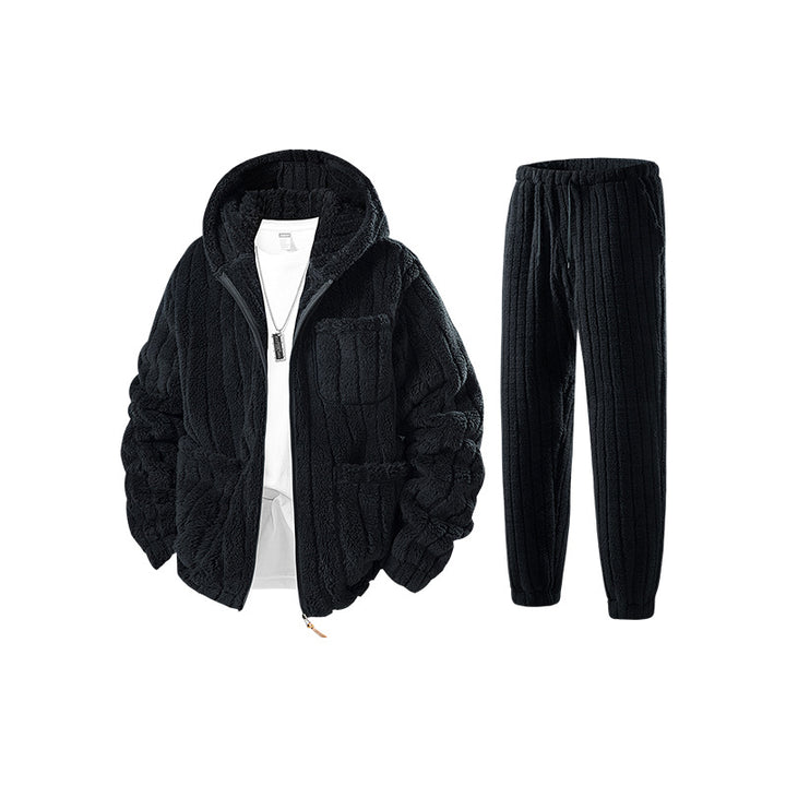 Herren Sherpa-Fleece-Set mit Kapuzenjacke, Reißverschluss und elastischer Jogginghose Drune