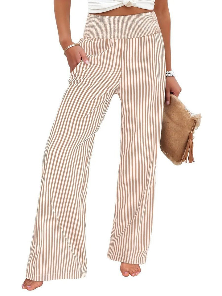 Damen Gestreifte Palazzo-Hose mit hohem, gerafftem Bund und weitem Bein Drune