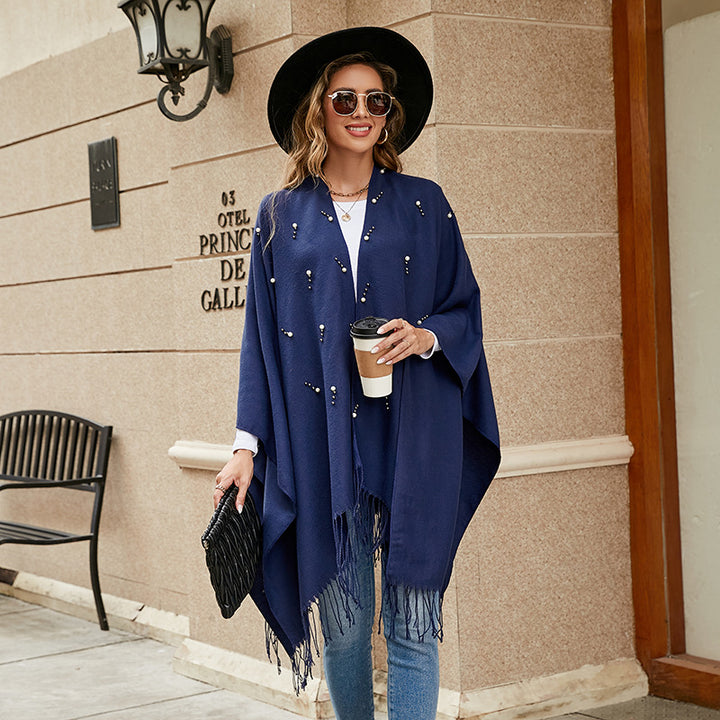 Damen Eleganter Poncho mit floralem Stickmuster und fransigen Kanten Drune