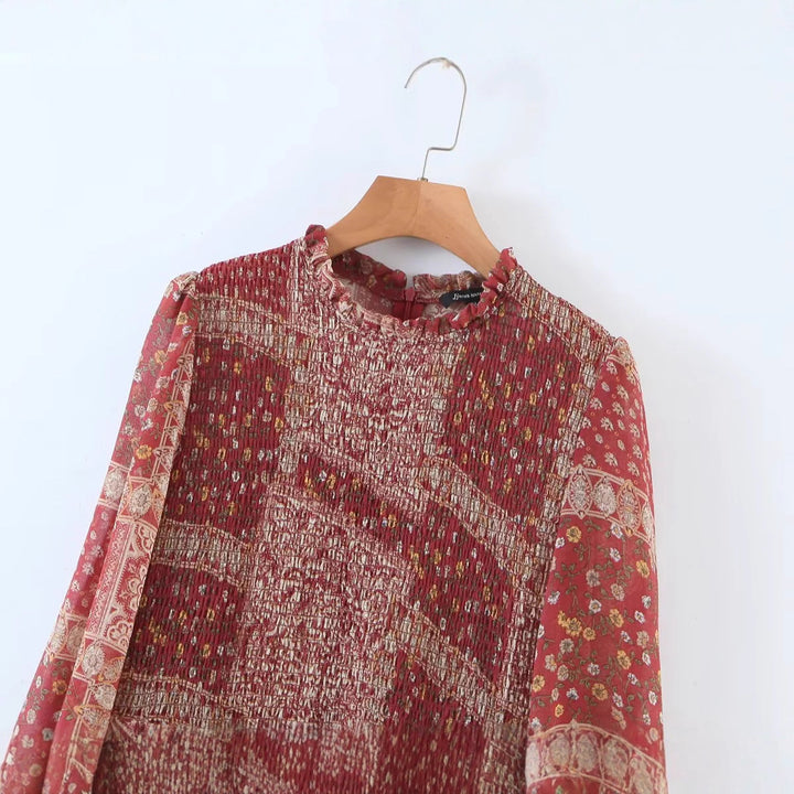Damen nan geblümtes Boho Midi-Kleid mit Stufenrock und Rüschenkragen Drune