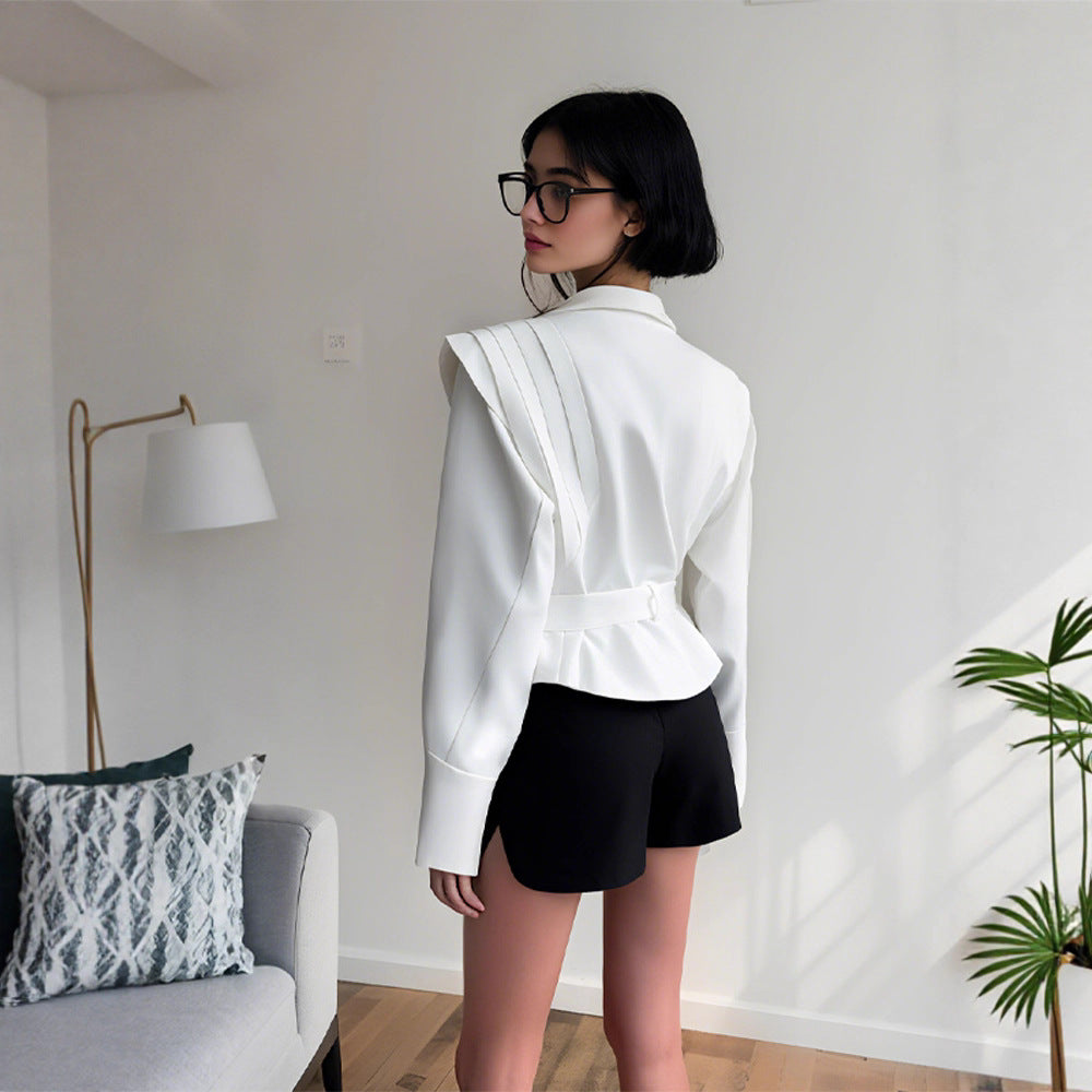 Damen Couture Blazer mit elegantem Kragen und Taillengürtel Drune