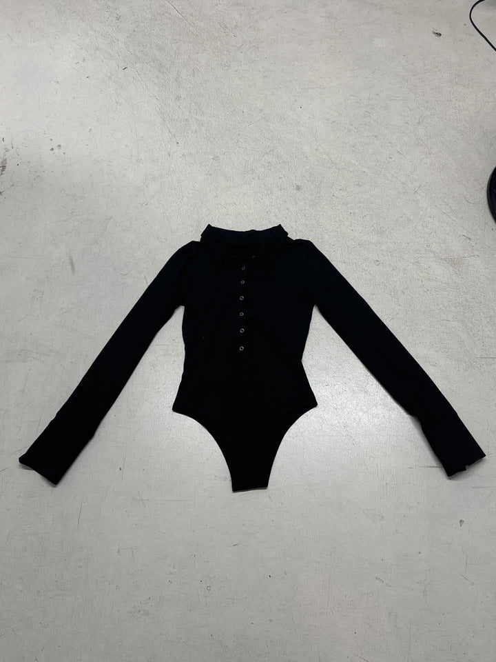 Damen Langarm-Bodysuit mit elegantem Kragen und durchgehender Knopfleiste Drune