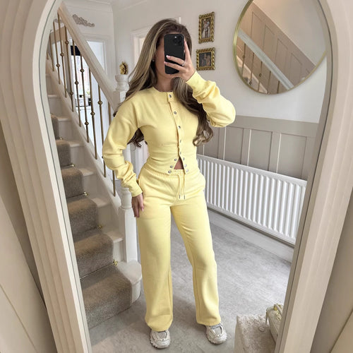 Damen gemütliches Strick-Loungewear-Set mit Knopfleiste Drune