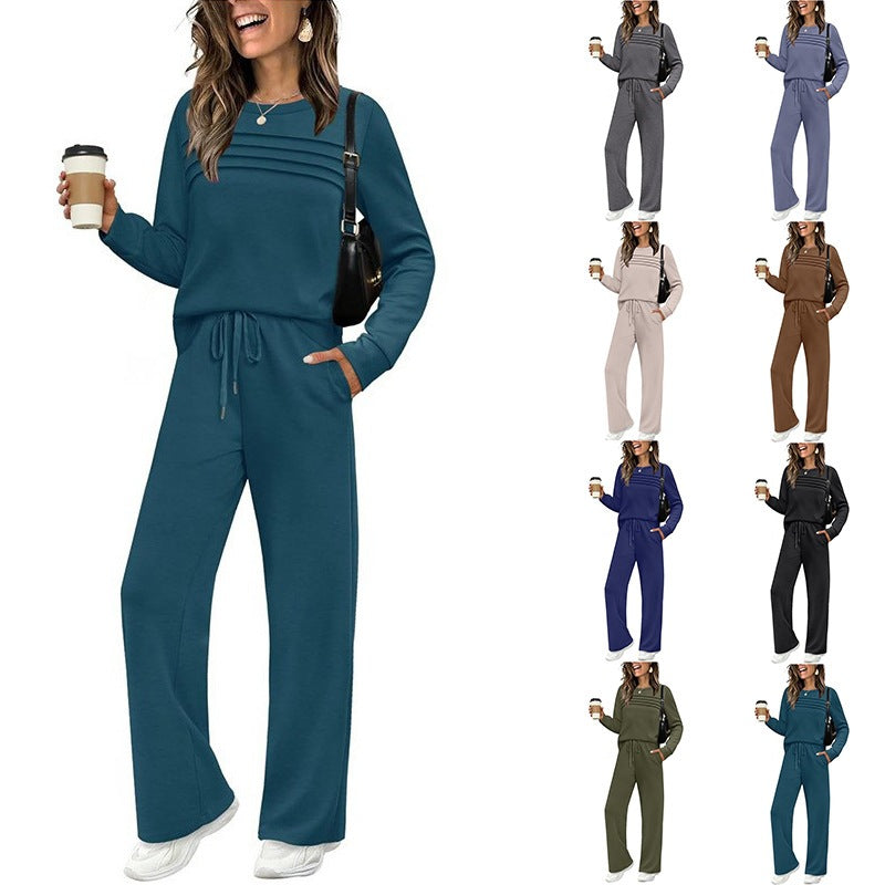 Damen Zweiteiliges Lounge-Set mit Plissee-Detail, Rundhals-Sweatshirt und weitem Kordel-Hose Drune