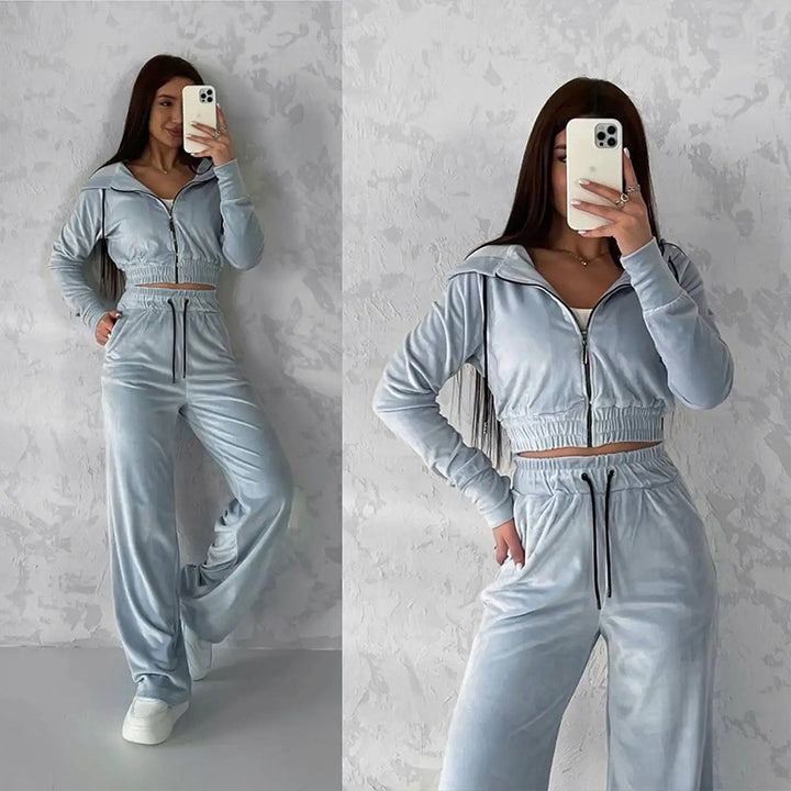 Damen Samt-Loungewear-Set mit Cropped Zip-Kapuzenjacke und weiter Palazzohose Drune