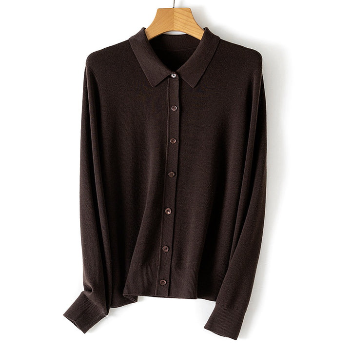 Damen Feiner Knopfcardigan mit Hemdkragen und feinem Feinstrick Drune