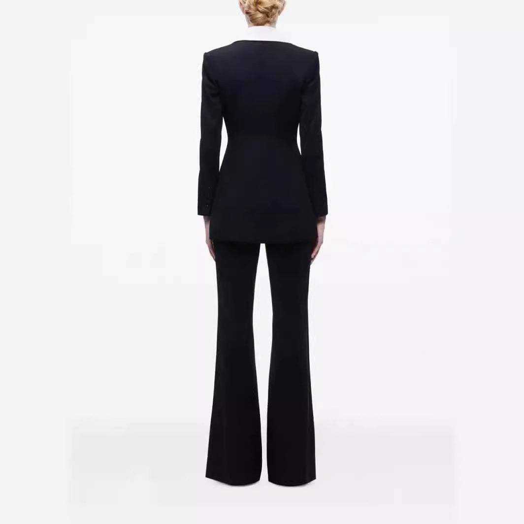 Damen Elegantes Zweiteiliges Smokingset mit kontrastierendem Schalkragen und ausgestellter Schlaghose Drune