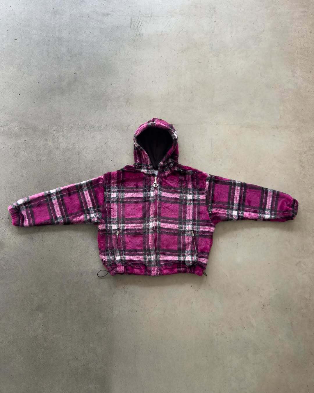 Unisex nan gefütterte Plaid-Fleece-Bomberjacke mit Kapuze Kordelzug und Reißverschlusstaschen Drune