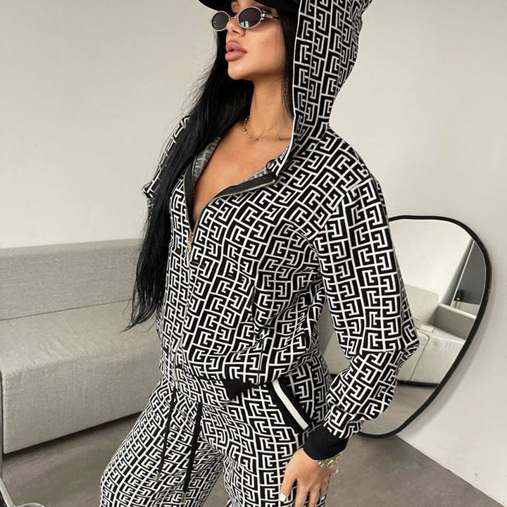 Damen modisches Strick-Loungewear-Set mit grafischem Muster Drune