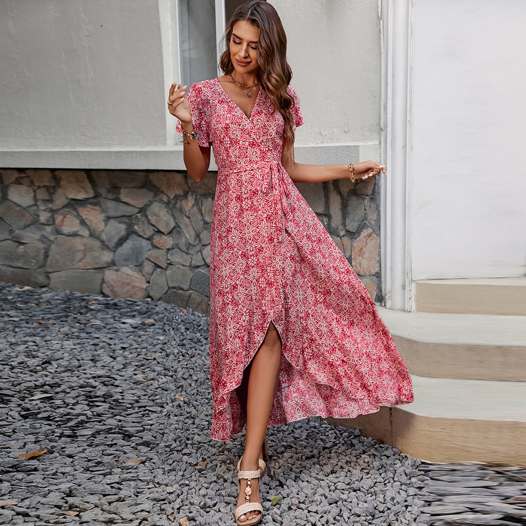 Damen Maxi-Wickelkleid mit asymmetrischem Saum und tropischem Muster Drune