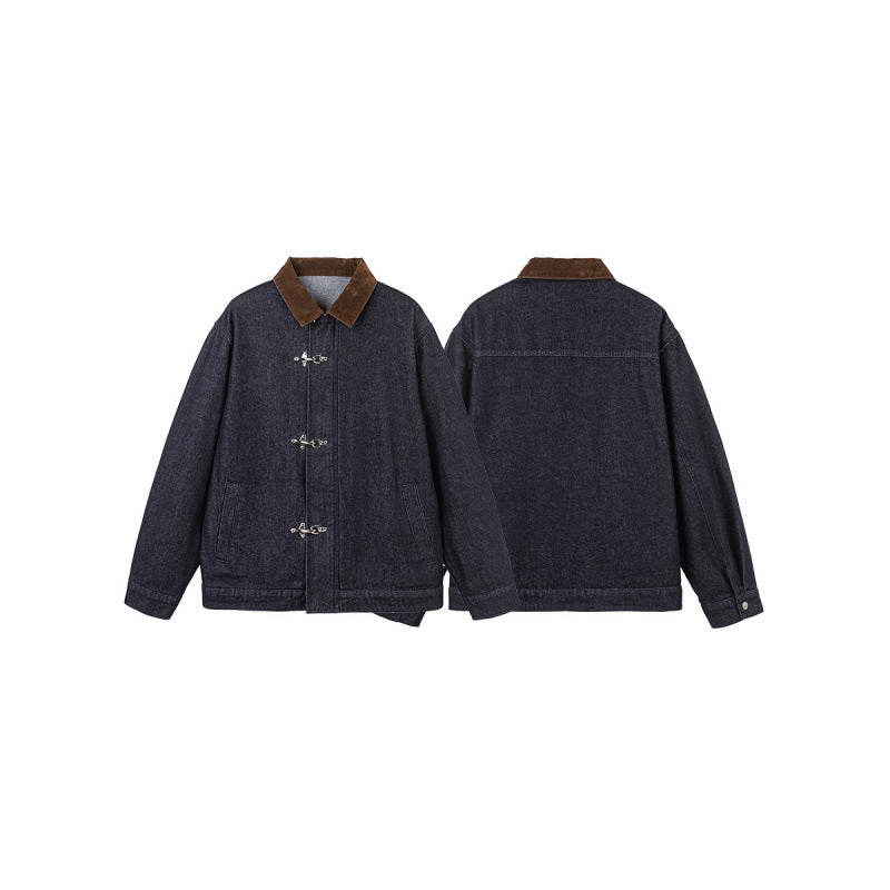 Herren Boxy-Jeansjacke mit Cordkragen und Metallknebelverschlüssen Drune