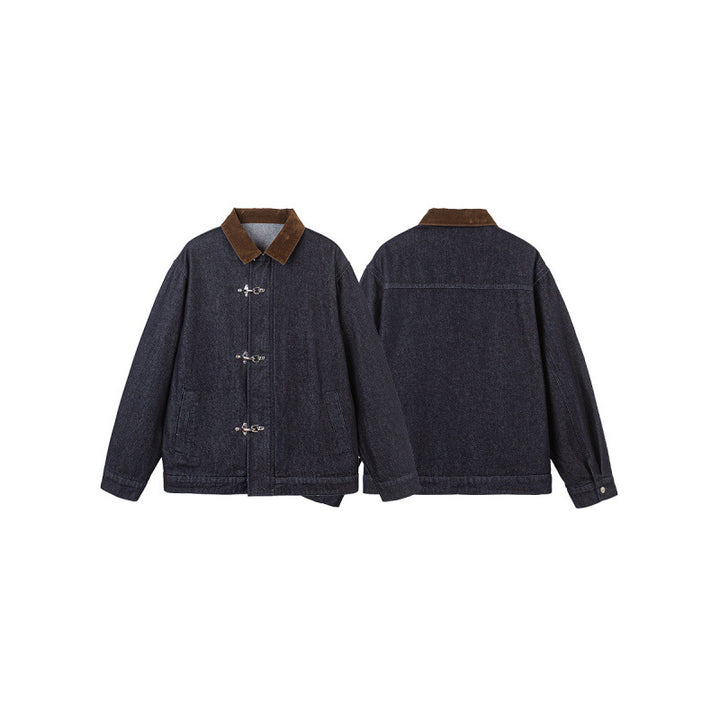 Herren Boxy-Jeansjacke mit Cordkragen und Metallknebelverschlüssen Drune